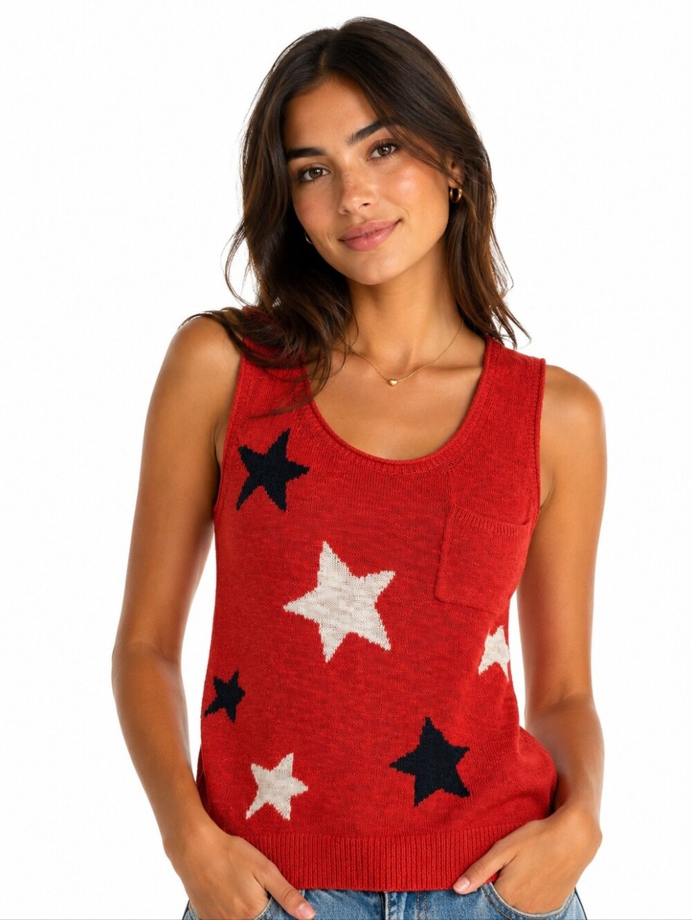 Lou & Grey Red Star Print Knit Tank Top M NWT
